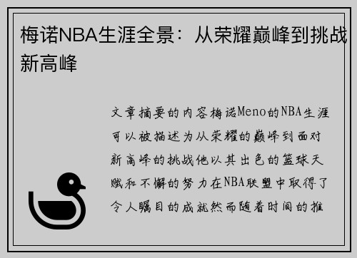 梅诺NBA生涯全景：从荣耀巅峰到挑战新高峰